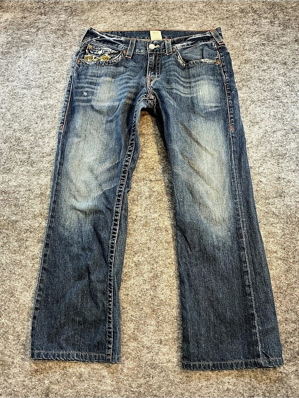 True Religion Camo Dark Wash World Tour Boot Cut Boot Cut Jeans in Blue Waist 33
